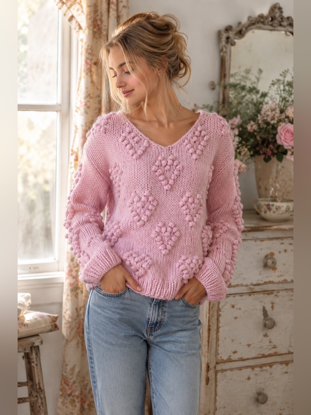 Chicwish Your Love Pink Pom Pom Heart Sweater M Chunky Knit Romantic Cottagecore